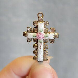 Vintage Gold Tone White Enamel Pink Rose Rhinestone Cross Pendant CP1